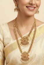 South Indian Traditional Antique Matte Gold Finish Goddess Lakshmi & Peacock Motif Long Necklace Set with Jhumka Earrings for Women | Ethnic Temple Jewellery for Weddings, Brides & Festivals (Ghummar) - Image 2