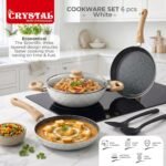Crystal Aluminum 6 Pcs Non Stick Cookware Set with Induction Bottom | Tawa, Fry Pan, Kadhai with Lid, Laddle & Spatula | Durable 4 Layer Non Stick Coating | PFOA Free | White - Image 4