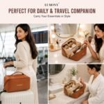 LUMONY® Makeup Pouch Bag Leather Large Capacity Travel Toiletries Organizer Cosmetic Bag with Handle and Divider Multifunctional Makeup Bag for Easy Access Waterproof (Brown) - Image 4