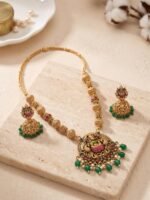 Antique Gold Plated Temple Jewellery Necklace Set with Earrings for Women, Traditional Indian Bridal Necklace Set, South Indian Choker Haram Style Jewellery Set, Ethnic Wedding for Women - Image 5