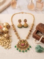 Antique Gold Plated Temple Jewellery Necklace Set with Earrings for Women, Traditional Indian Bridal Necklace Set, South Indian Choker Haram Style Jewellery Set, Ethnic Wedding for Women - Image 4