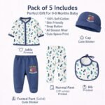Kidbee Baby Clothing Gift Set for Boys & Girls, 5 Piece Newborn Clothing Combo with Front Open Top, Pajama, Printed Pant, Cap & Bib, Soft Cotton, 0–6 Months Baby - Image 5