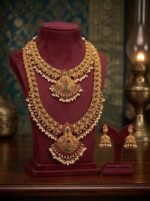 Gold Plated Temple Long Haram Necklace Set for Women | Traditional Lakshmi Design Bridal Jewelry Set with Matching Jhumka Earrings | South Indian Ethnic Artificial Jewellery - Image 6