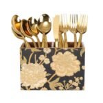 Wooden Spoon Holder for Dining Table | 2-Section Cutlery Storage Box | Kitchen Utensil Organizer with Elegant Gold black Pattern | Multipurpose Tabletop Stand | 10 x 16 x 12 cm (Black Design) - Image 7