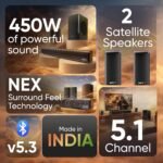 Mivi Nex 450 Soundbar [New Launch], 450W 5.1 Channel System with 3 in-Built Speakers, 2 Satellite Speakers and a Subwoofer, Nex Surround Feel Technology, Multiple Input Modes, Made in India - Image 2