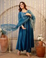 Nermosa Women Embroidery Solid A-Line Kurta and Pant Set with Dupatta - Image 7
