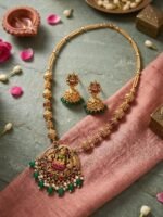 Antique Gold Plated Temple Jewellery Necklace Set with Earrings for Women, Traditional Indian Bridal Necklace Set, South Indian Choker Haram Style Jewellery Set, Ethnic Wedding for Women - Image 9