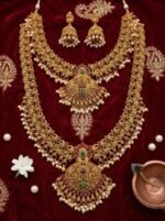 Gold Plated Temple Long Haram Necklace Set for Women | Traditional Lakshmi Design Bridal Jewelry Set with Matching Jhumka Earrings | South Indian Ethnic Artificial Jewellery - Image 5
