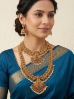 Gold Plated Temple Long Haram Necklace Set for Women | Traditional Lakshmi Design Bridal Jewelry Set with Matching Jhumka Earrings | South Indian Ethnic Artificial Jewellery - Image 8